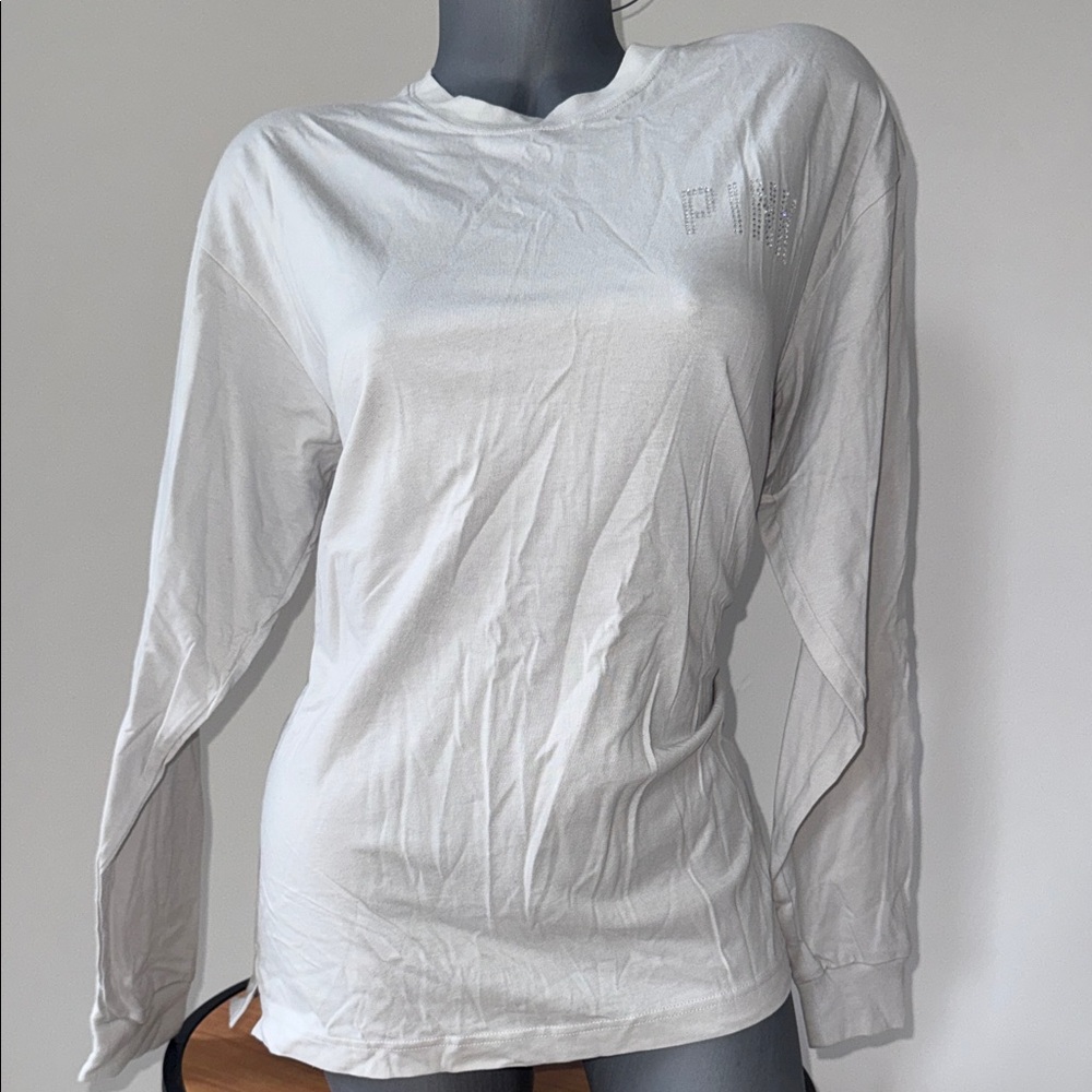 Victoria’s Secret Pink White Long-Sleeve Crewneck Women's rhinestones Top M